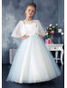 Cape Sleeve Blue Glitter Tulle Flower Girl Dress